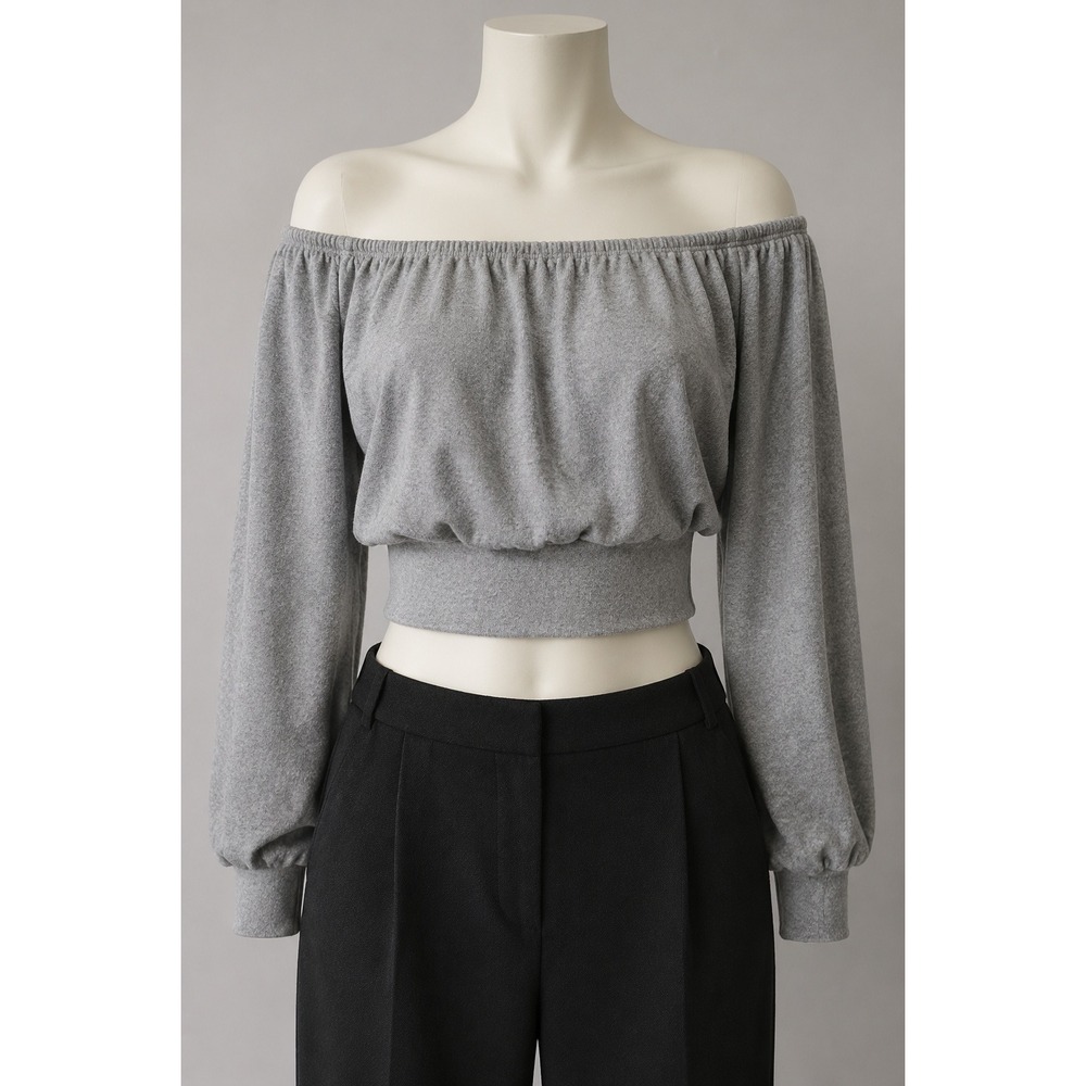 Solemio Los Angeles Heather Grey Off The Shoulder Long Sleeve Crop Top Medium